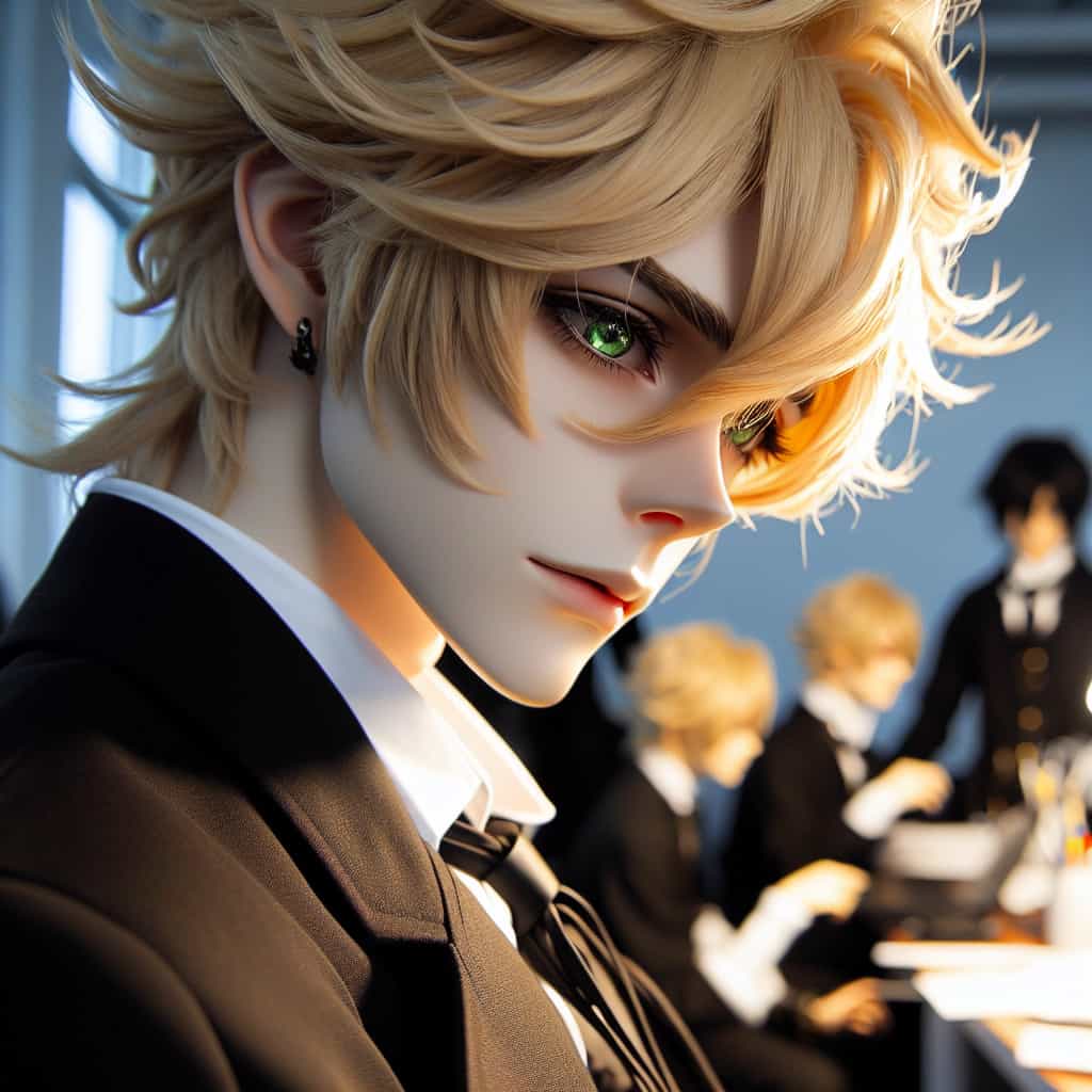 imagine in anime seraph of the end like look showing an anime boy with messy blond hair and green eyes working in cosplayer agentur Cosplayer-Agentur