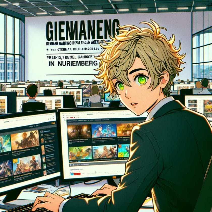 imagine in anime seraph of the end like look showing an anime boy with messy blond hair and green eyes working in deutsche gaming influencer agentur nurnberg Deutsche Gaming-Influencer-Agentur Nürnberg