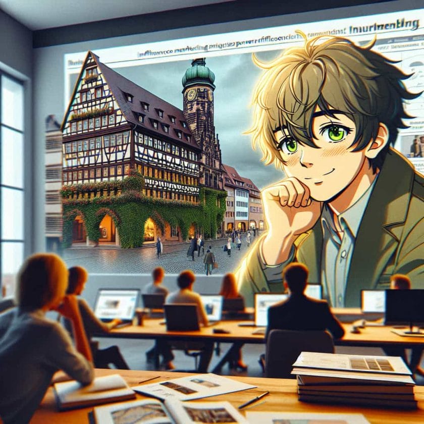 imagine in anime seraph of the end like look showing an anime boy with messy blond hair and green eyes working in deutsche influencer marketing agentur nuernberg Deutsche Influencer-Marketing-Agentur Nürnberg