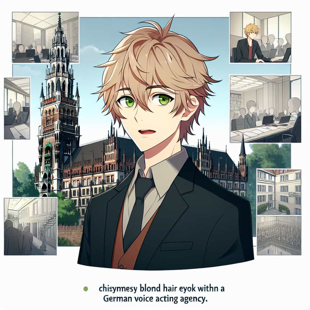 imagine in anime seraph of the end like look showing an anime boy with messy blond hair and green eyes working in deutsche sprecheragentur nurnberg Deutsche Sprecheragentur Nürnberg