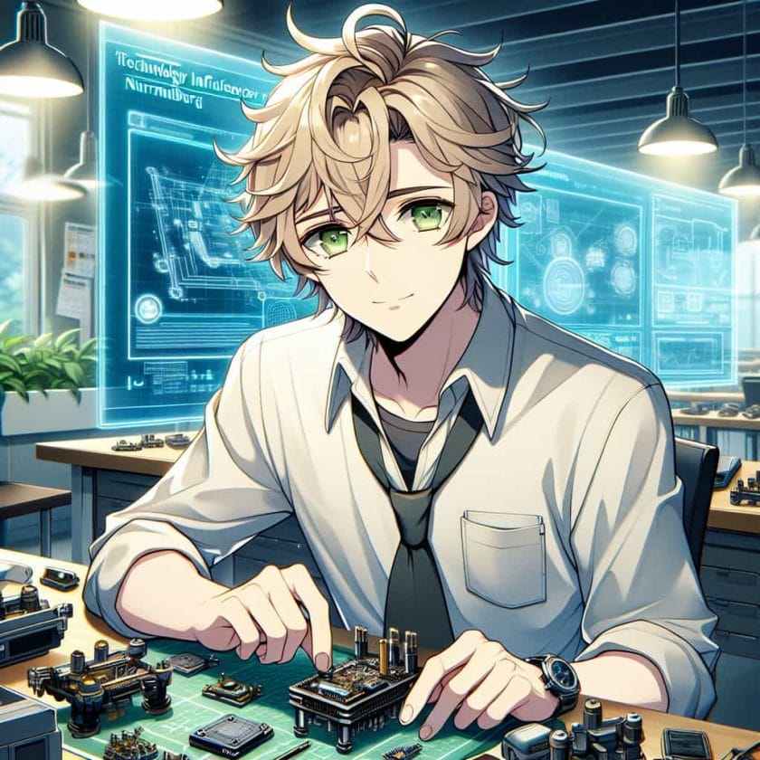 imagine in anime seraph of the end like look showing an anime boy with messy blond hair and green eyes working in deutsche technik influencer agentur nurnberg Deutsche Technik-Influencer-Agentur Nürnberg