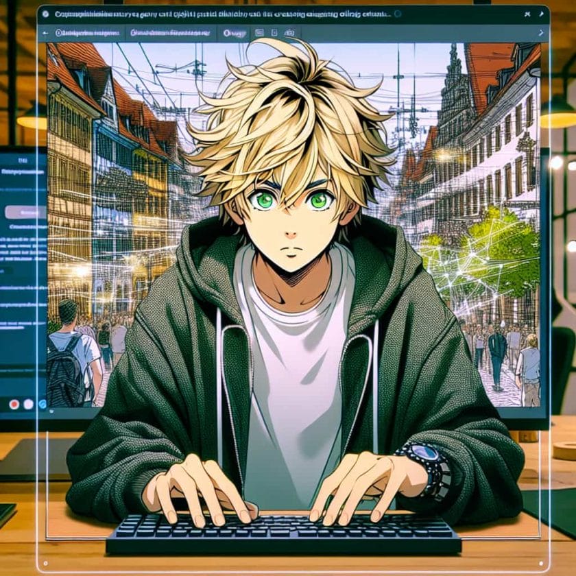 imagine in anime seraph of the end like look showing an anime boy with messy blond hair and green eyes working in instagram reels agentur nurnberg Instagram Reels Agentur Nürnberg