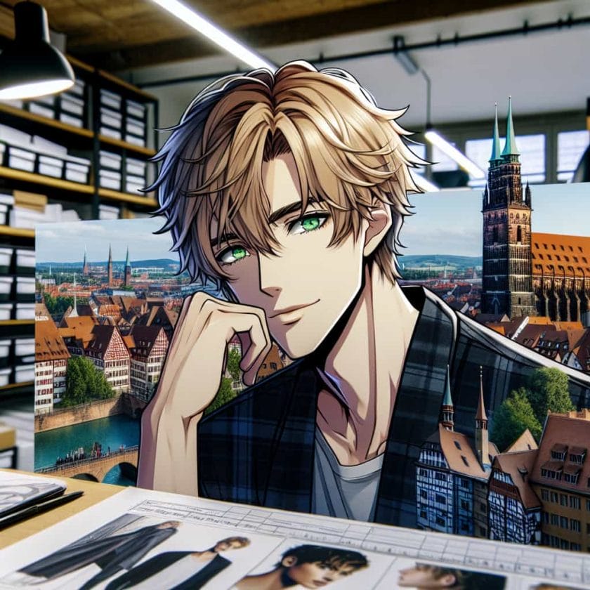 imagine in anime seraph of the end like look showing an anime boy with messy blond hair and green eyes working in mannliche modelagentur nurnberg männliche Modelagentur Nürnberg
