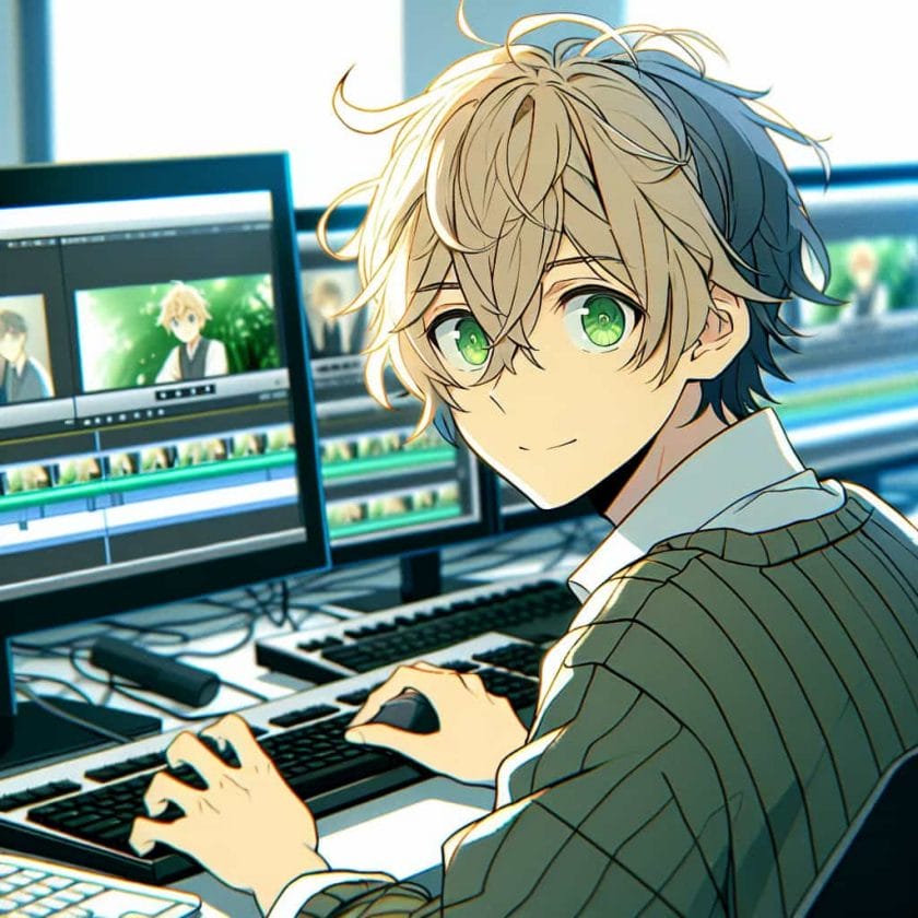 imagine in anime seraph of the end like look showing an anime boy with messy blond hair and green eyes working in tiktok videos agentur nuernberg Tiktok Videos Agentur Nürnberg