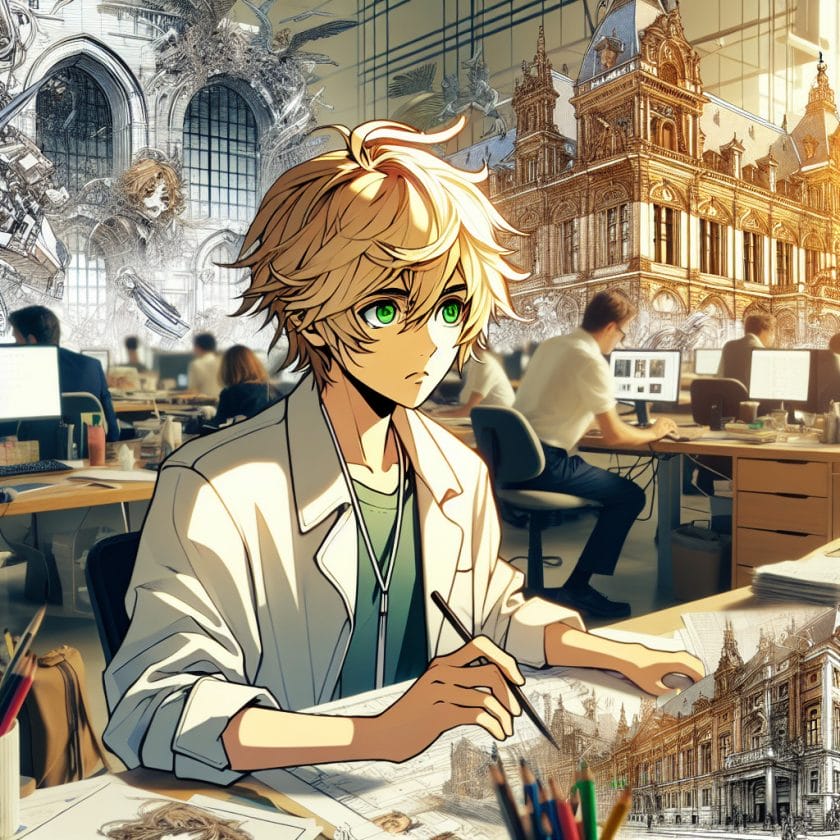 imagine in anime seraph of the end like look showing an anime boy with messy blond hair and green eyes working in amsterdam messe fotografen filmemacher agentur Amsterdam Messe Fotografen- & Filmemacher-Agentur