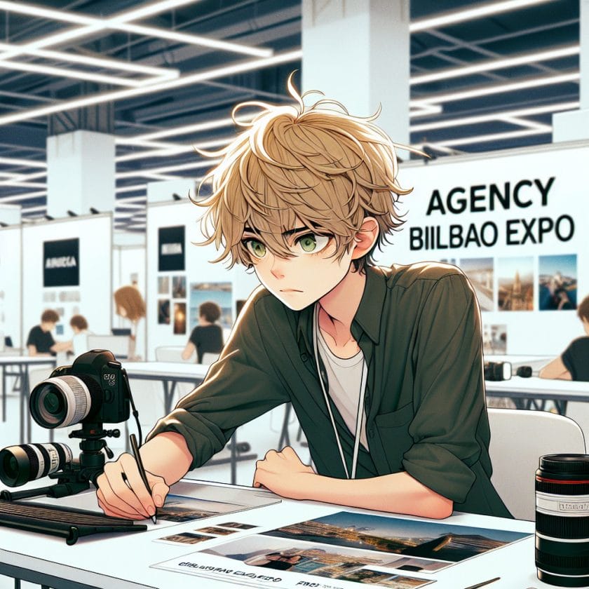 imagine in anime seraph of the end like look showing an anime boy with messy blond hair and green eyes working in bilbao expo fotografen filmemacher agentur Bilbao Expo Fotografen- & Filmemacher-Agentur