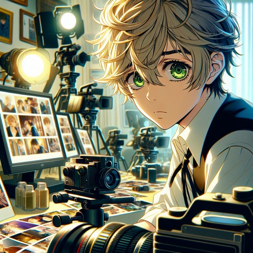 imagine in anime seraph of the end like look showing an anime boy with messy blond hair and green eyes working in bologna expo fotografen filmemacher agentur Bologna Expo Fotografen- & Filmemacher-Agentur