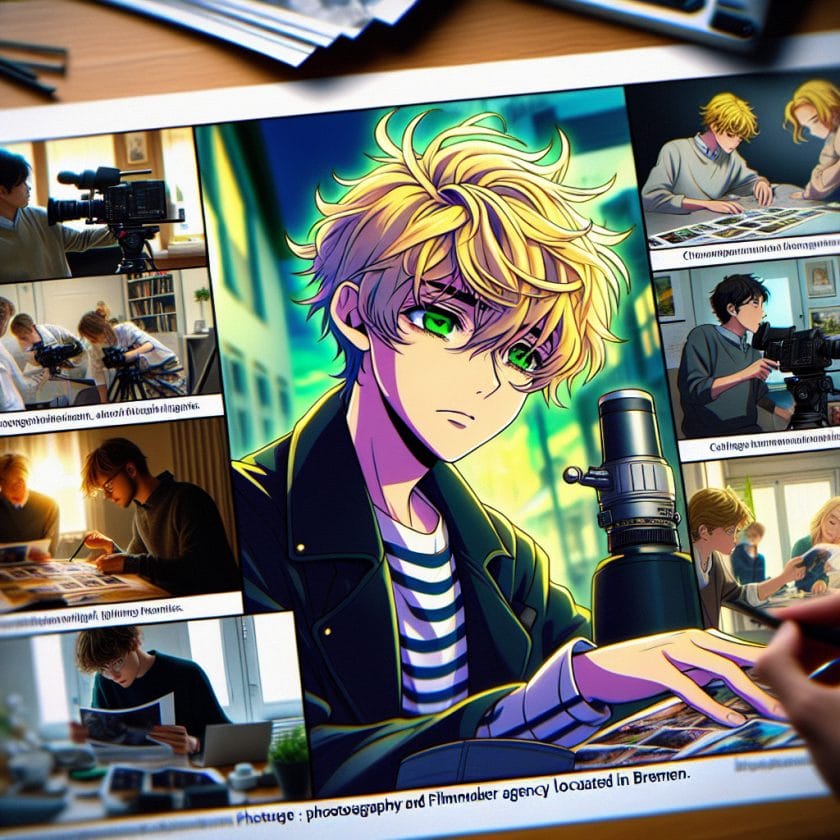 imagine in anime seraph of the end like look showing an anime boy with messy blond hair and green eyes working in bremen messe fotografen und filmemacher agentur Bremen Messe Fotografen- und Filmemacher-Agentur