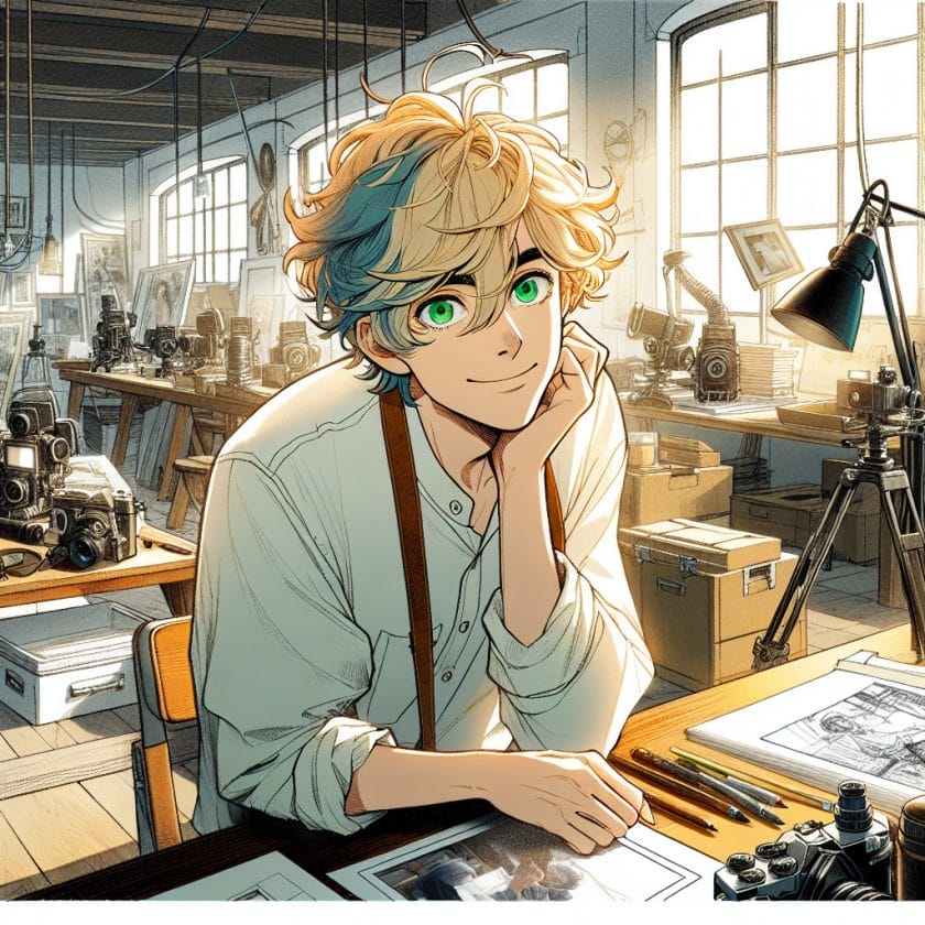 imagine in anime seraph of the end like look showing an anime boy with messy blond hair and green eyes working in bruessel messe fotografen filmemacher agentur Brüssel Messe Fotografen- & Filmemacher-Agentur