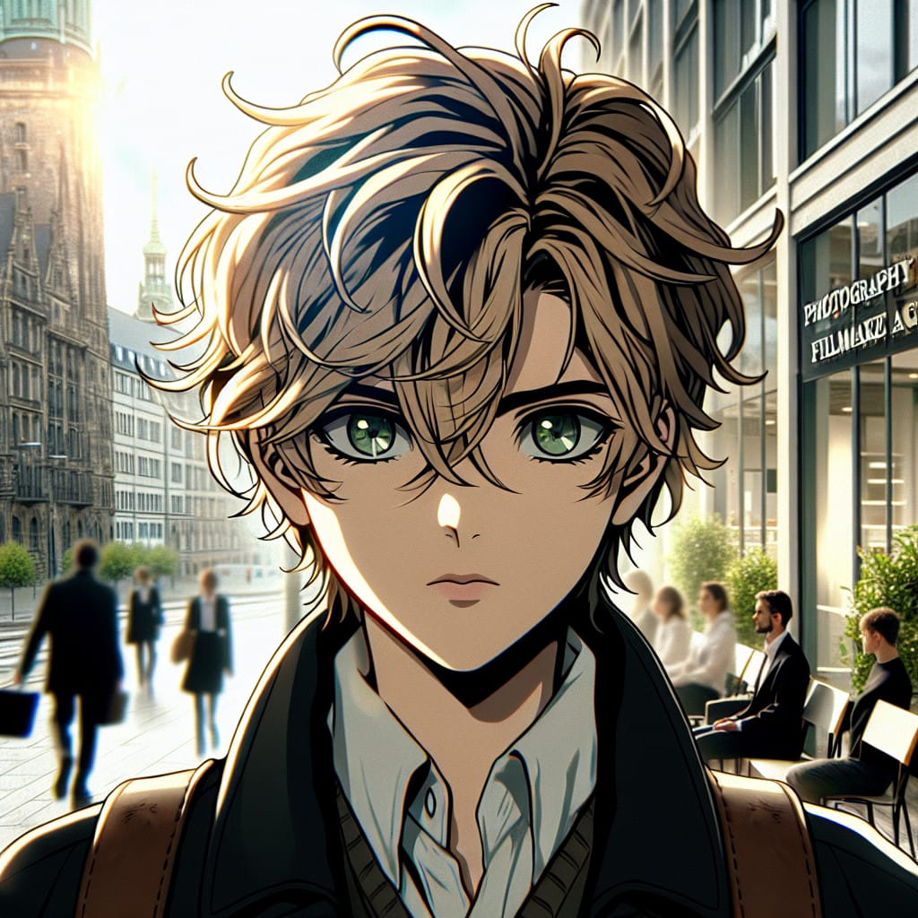 imagine in anime seraph of the end like look showing an anime boy with messy blond hair and green eyes working in duesseldorf messe fotografen filmemacher agentur Duesseldorf messe Photographer & Filmmaker agency