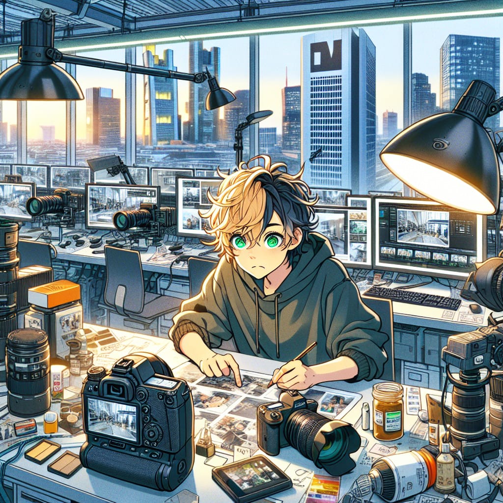 imagine in anime seraph of the end like look showing an anime boy with messy blond hair and green eyes working in frankfurt messe fotografen filmemacher agentur Frankfurt messe Photographer & Filmmaker agency