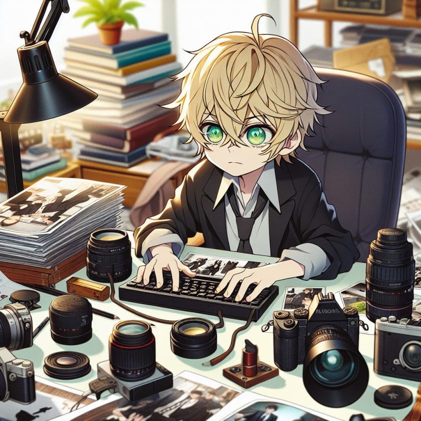 imagine in anime seraph of the end like look showing an anime boy with messy blond hair and green eyes working in genf messe fotografen und filmemacheragentur Genf Messe Fotografen- und Filmemacheragentur