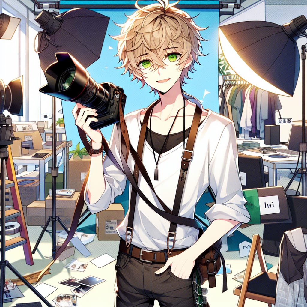 imagine in anime seraph of the end like look showing an anime boy with messy blond hair and green eyes working in hannover messe fotografie und filmagentur Hannover messe Photographer & Filmmaker agency