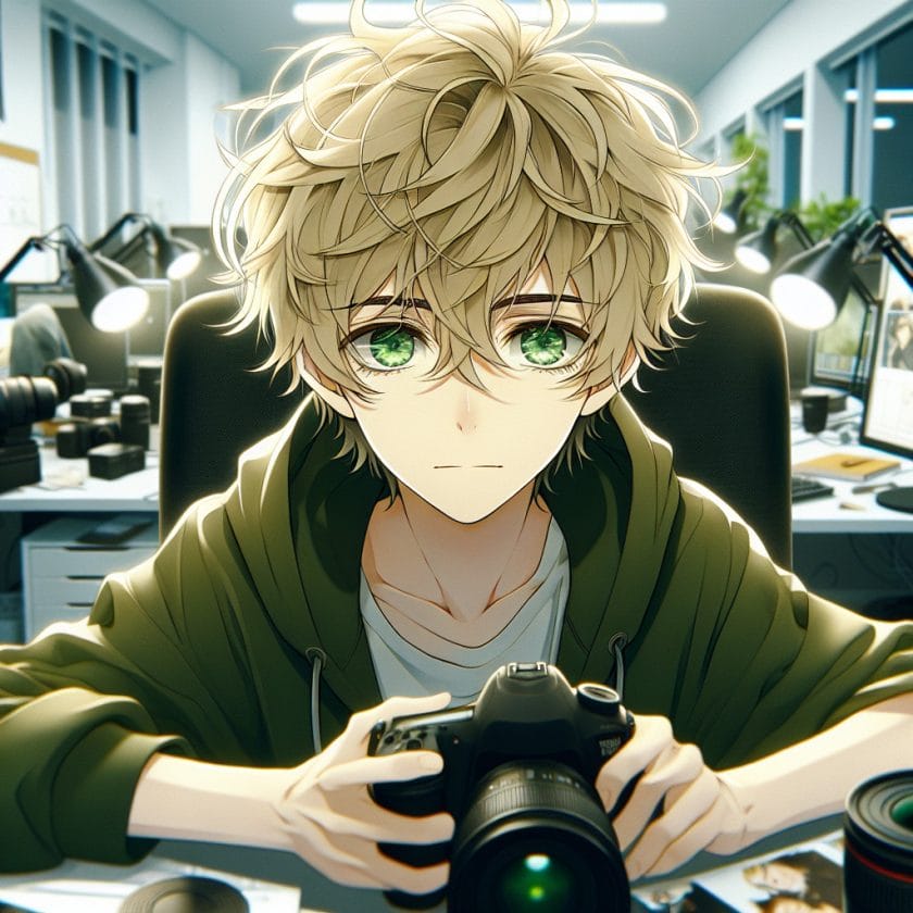 imagine in anime seraph of the end like look showing an anime boy with messy blond hair and green eyes working in karlsruhe messe fotografen filmemacher agentur Karlsruhe Messe Fotografen- & Filmemacher-Agentur