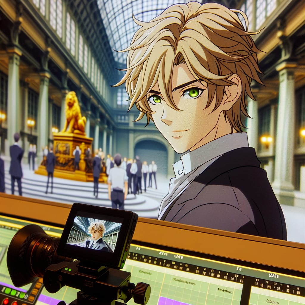 imagine in anime seraph of the end like look showing an anime boy with messy blond hair and green eyes working in koeln messe fotografen und filmemacheragentur Koeln messe Photographer & Filmmaker agency