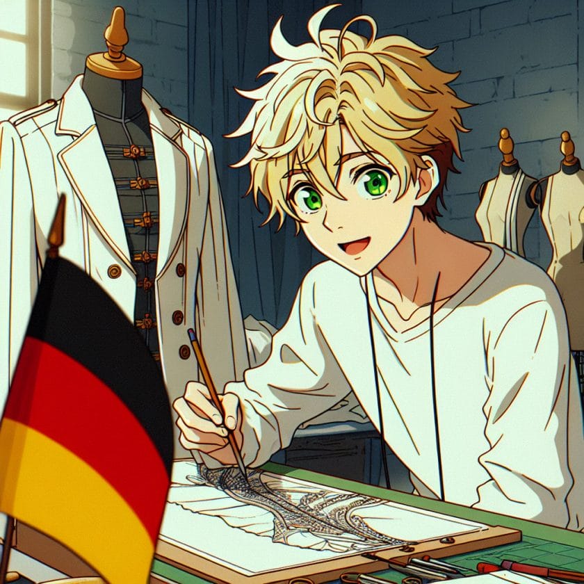 imagine in anime seraph of the end like look showing an anime boy with messy blond hair and green eyes working in kostuem models deutschland Kostüm Models Deutschland