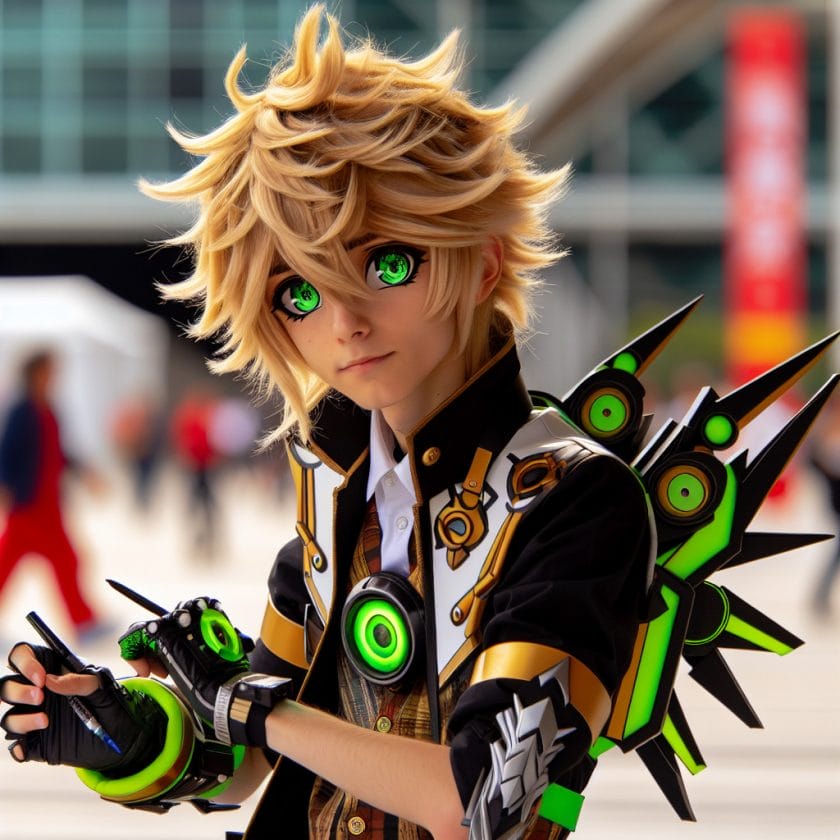 imagine in anime seraph of the end like look showing an anime boy with messy blond hair and green eyes working in kostuem walkacts fuer die bilbao Kostüm Walkacts für die Bilbao-Expo.