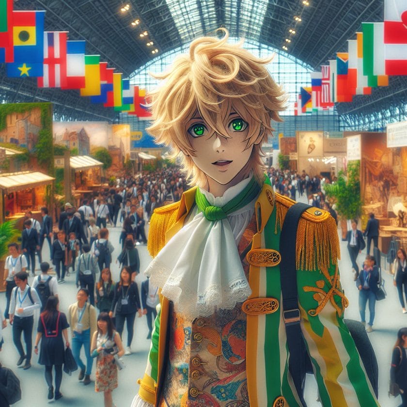 imagine in anime seraph of the end like look showing an anime boy with messy blond hair and green eyes working in kostuem walkacts fuer die bologna Kostüm Walkacts für die Bologna Expo.