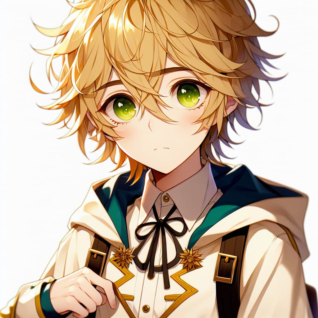 imagine in anime seraph of the end like look showing an anime boy with messy blond hair and green eyes working in kostuem walkacts fuer die bremer messe Kostüm Walkacts für die Bremer Messe.