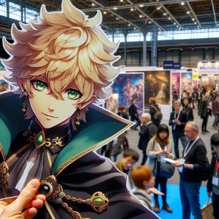 imagine in anime seraph of the end like look showing an anime boy with messy blond hair and green eyes working in kostuem walkacts fuer die bruessel messe Kostüm Walkacts für die Brüssel Messe.