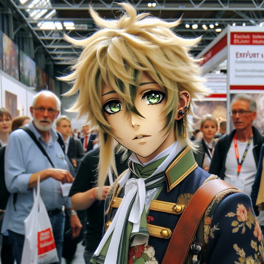 imagine in anime seraph of the end like look showing an anime boy with messy blond hair and green eyes working in kostuem walkacts fuer die erfurter messe Kostüm Walkacts für die Erfurter Messe.