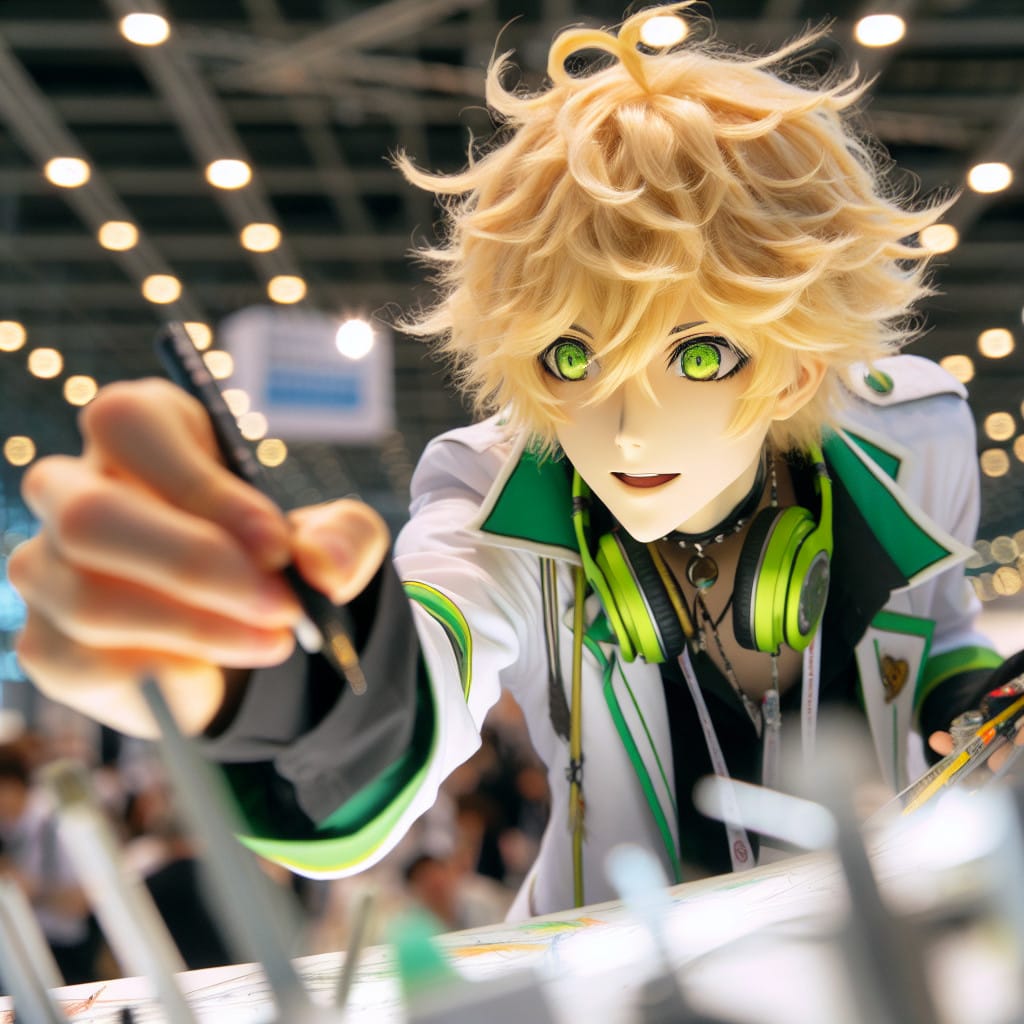 imagine in anime seraph of the end like look showing an anime boy with messy blond hair and green eyes working in kostuem walkacts fuer die friedrichshafen messe Kostüm Walkacts für die Friedrichshafen Messe.