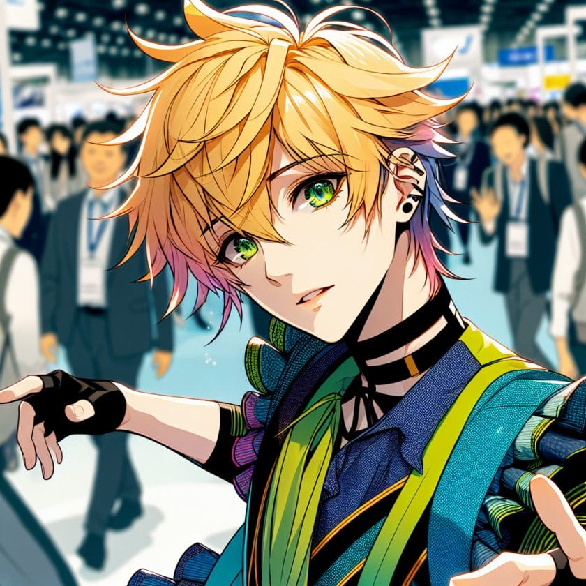 imagine in anime seraph of the end like look showing an anime boy with messy blond hair and green eyes working in kostuem walkacts fuer die genfer messe Kostüm Walkacts für die Genfer Messe