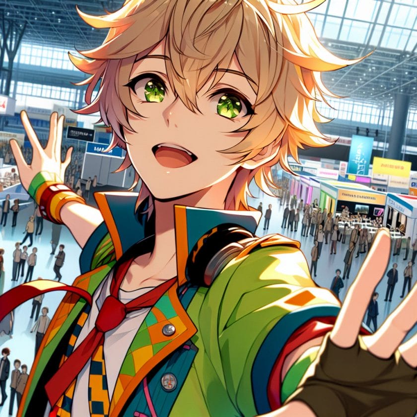 imagine in anime seraph of the end like look showing an anime boy with messy blond hair and green eyes working in kostuem walkacts fuer die hannover messe Kostüm Walkacts für die Hannover Messe