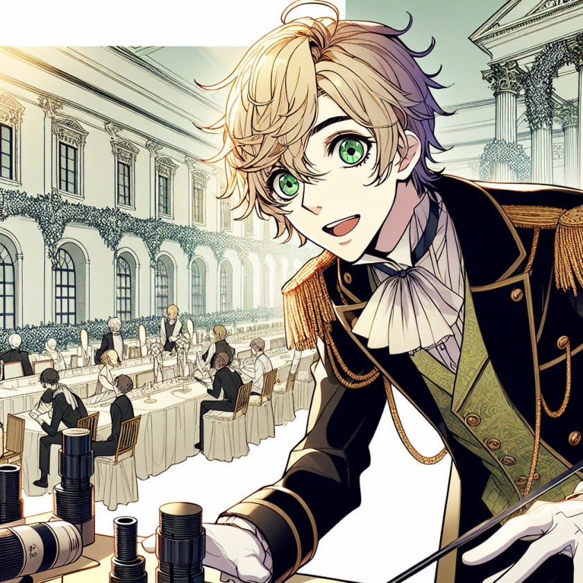 imagine in anime seraph of the end like look showing an anime boy with messy blond hair and green eyes working in kostuem walkacts fuer die karlsruhe messe Kostüm Walkacts für die Karlsruhe Messe.
