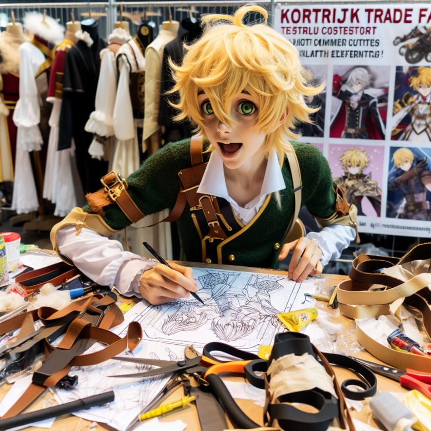imagine in anime seraph of the end like look showing an anime boy with messy blond hair and green eyes working in kostuem walkacts fuer die kortrijk messe Kostüm Walkacts für die Kortrijk Messe.