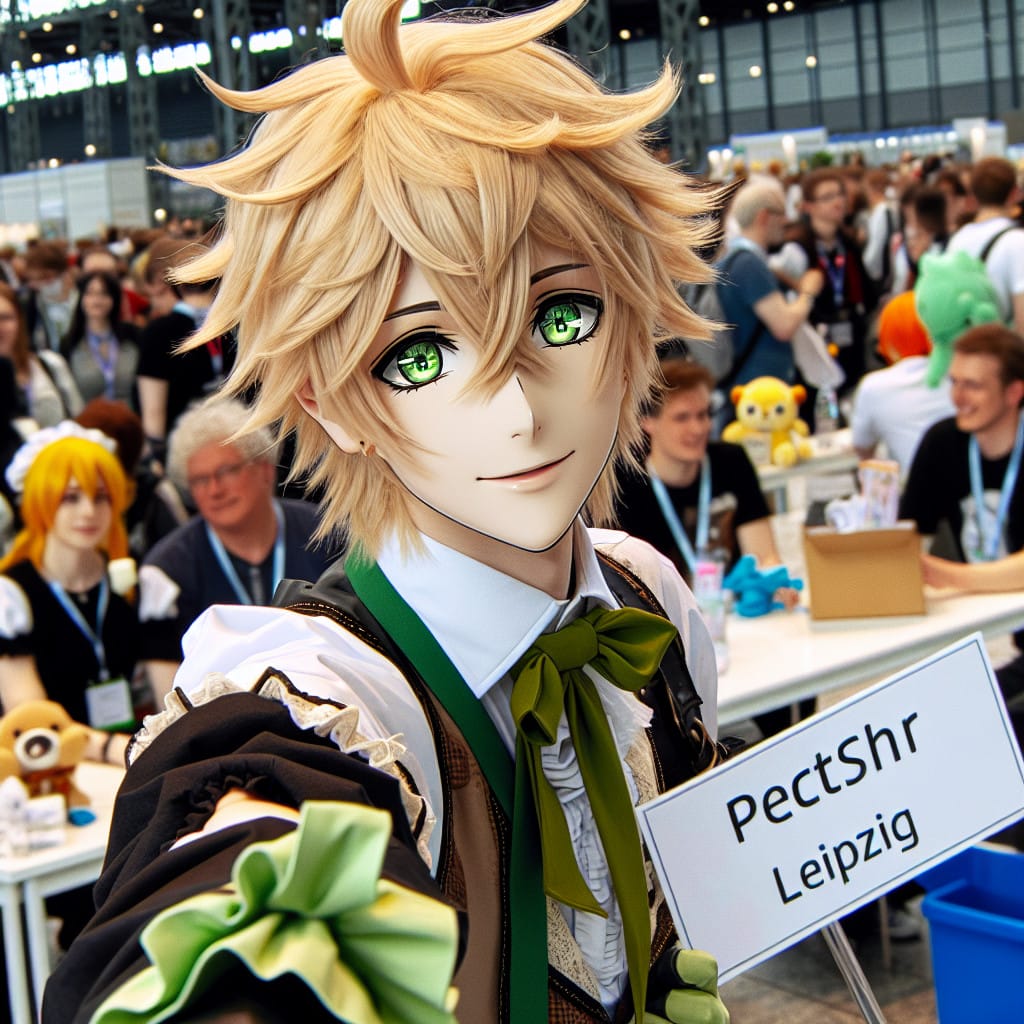 imagine in anime seraph of the end like look showing an anime boy with messy blond hair and green eyes working in kostuem walkacts fuer die leipziger messe Kostüm Walkacts für die Leipziger Messe