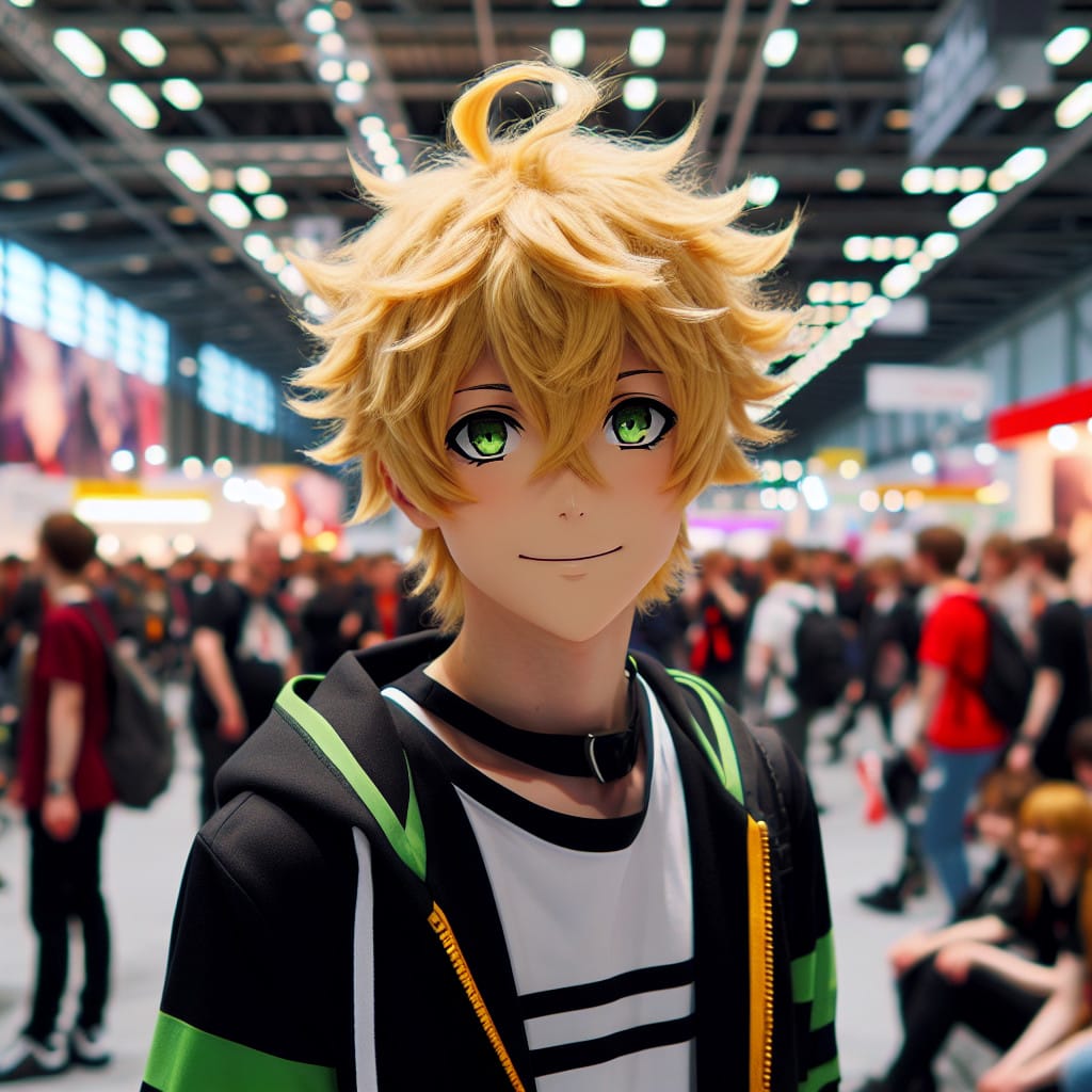 imagine in anime seraph of the end like look showing an anime boy with messy blond hair and green eyes working in kostuem walkacts fuer die messe bad salzuflen Kostüm Walkacts für die Messe Bad Salzuflen