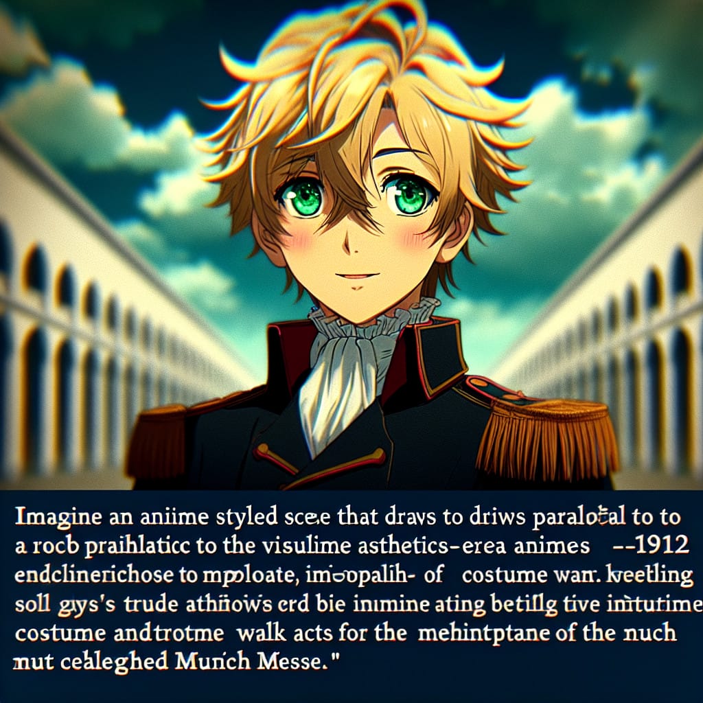 imagine in anime seraph of the end like look showing an anime boy with messy blond hair and green eyes working in kostuem walkacts fuer die muenchen messe Kostüm Walkacts für die München Messe.