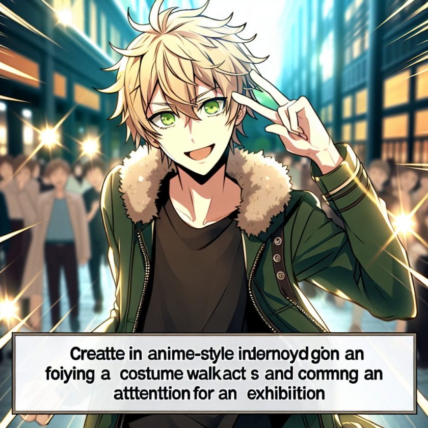 imagine in anime seraph of the end like look showing an anime boy with messy blond hair and green eyes working in kostuem walkacts fuer die nantes ausstellung Kostüm Walkacts für die Nantes-Ausstellung
