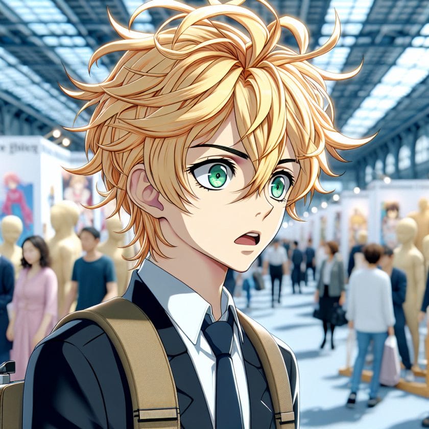 imagine in anime seraph of the end like look showing an anime boy with messy blond hair and green eyes working in kostuem walkacts fuer die offenburger messe Kostüm Walkacts für die Offenburger Messe