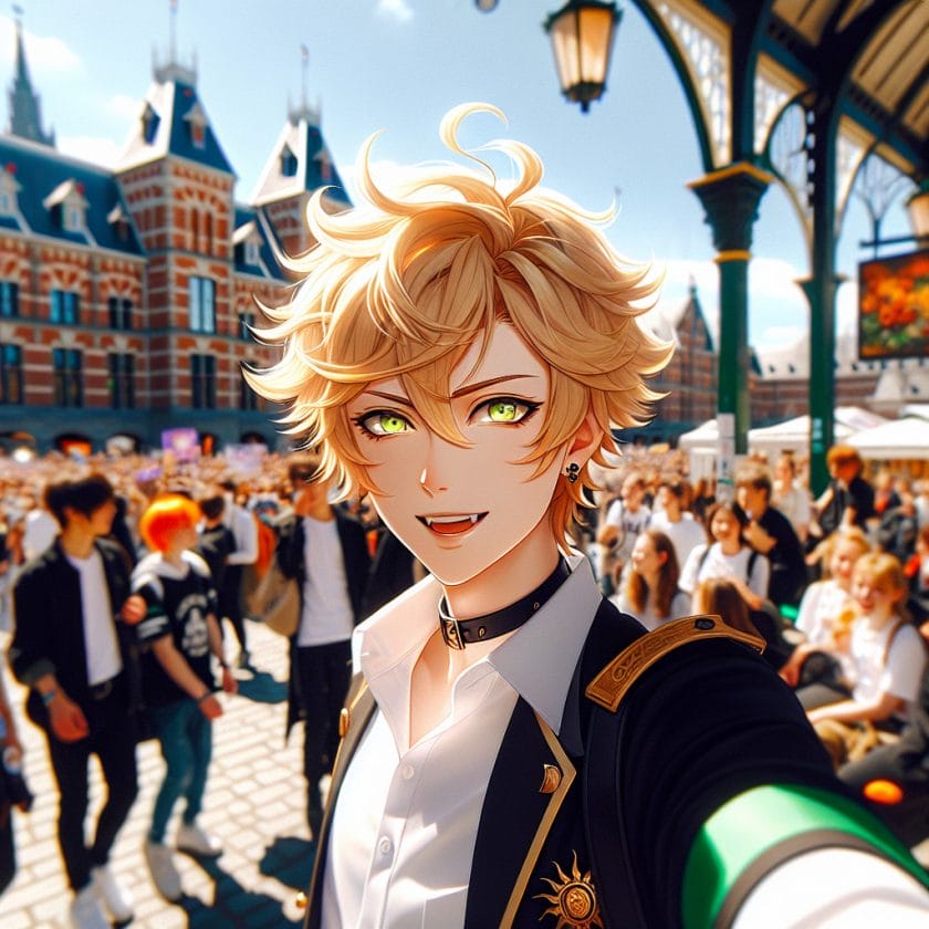 imagine in anime seraph of the end like look showing an anime boy with messy blond hair and green eyes working in kostuem walkacts fuer die rotterdam messe Kostüm Walkacts für die Rotterdam Messe.