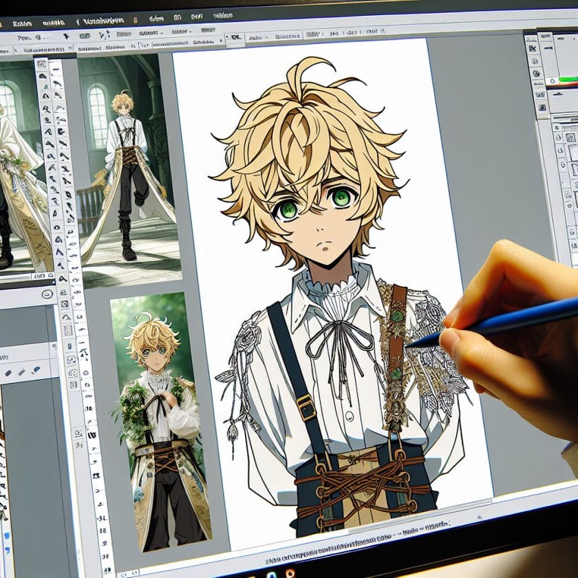 imagine in anime seraph of the end like look showing an anime boy with messy blond hair and green eyes working in kostuem walkacts fuer die salzburg messe Kostüm Walkacts für die Salzburg Messe.