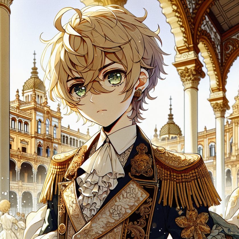 imagine in anime seraph of the end like look showing an anime boy with messy blond hair and green eyes working in kostuem walkacts fuer die sevilla Kostüm-Walkacts für die Sevilla Expo.