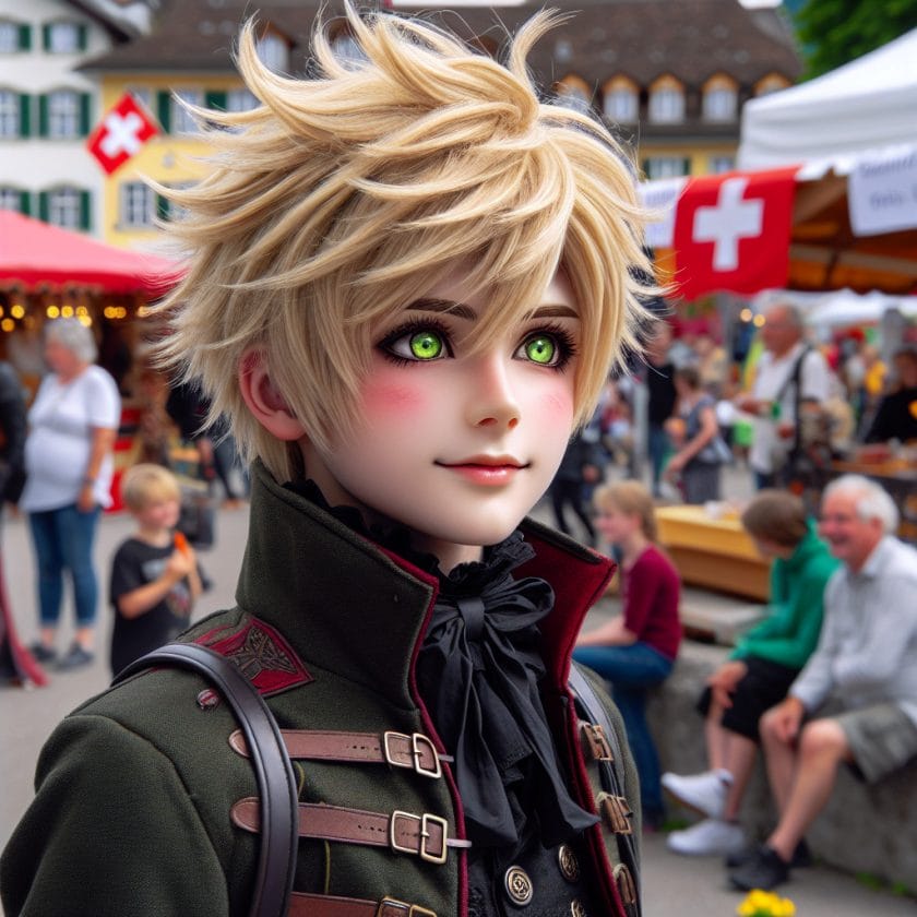 imagine in anime seraph of the end like look showing an anime boy with messy blond hair and green eyes working in kostuem walkacts fuer die st gallen messe Kostüm Walkacts für die St. Gallen Messe.