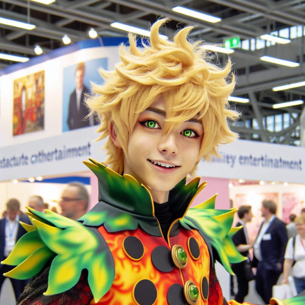 imagine in anime seraph of the end like look showing an anime boy with messy blond hair and green eyes working in kostuem walkacts fuer die stuttgarter messe Kostüm Walkacts für die Stuttgarter Messe.