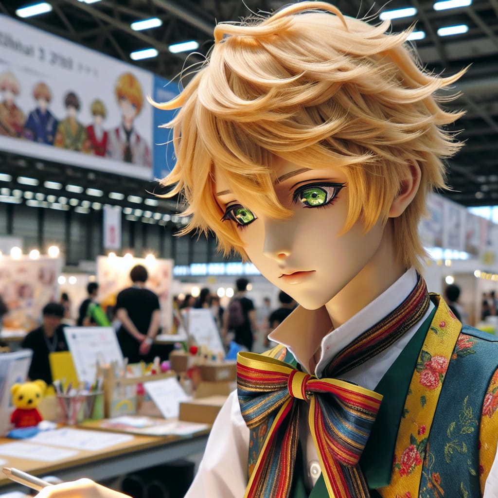 imagine in anime seraph of the end like look showing an anime boy with messy blond hair and green eyes working in kostuem walkacts fuer die zuerich messe Kostüm Walkacts für die Zürich Messe.