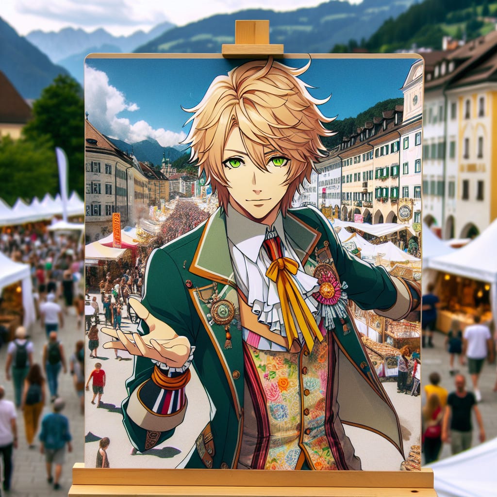 imagine in anime seraph of the end like look showing an anime boy with messy blond hair and green eyes working in kostuem walkacts fuer innsbruck messe Kostüm Walkacts für Innsbruck Messe