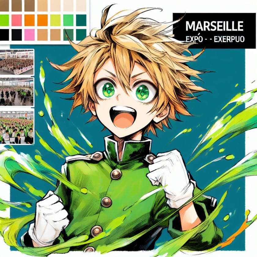 imagine in anime seraph of the end like look showing an anime boy with messy blond hair and green eyes working in kostuem walkacts fuer marseille Kostüm Walkacts für Marseille Expo