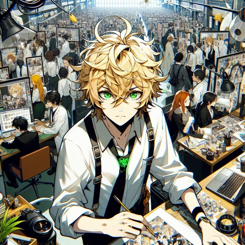 imagine in anime seraph of the end like look showing an anime boy with messy blond hair and green eyes working in london expo fotografen filmemacher agentur London Expo Fotografen- & Filmemacher-Agentur