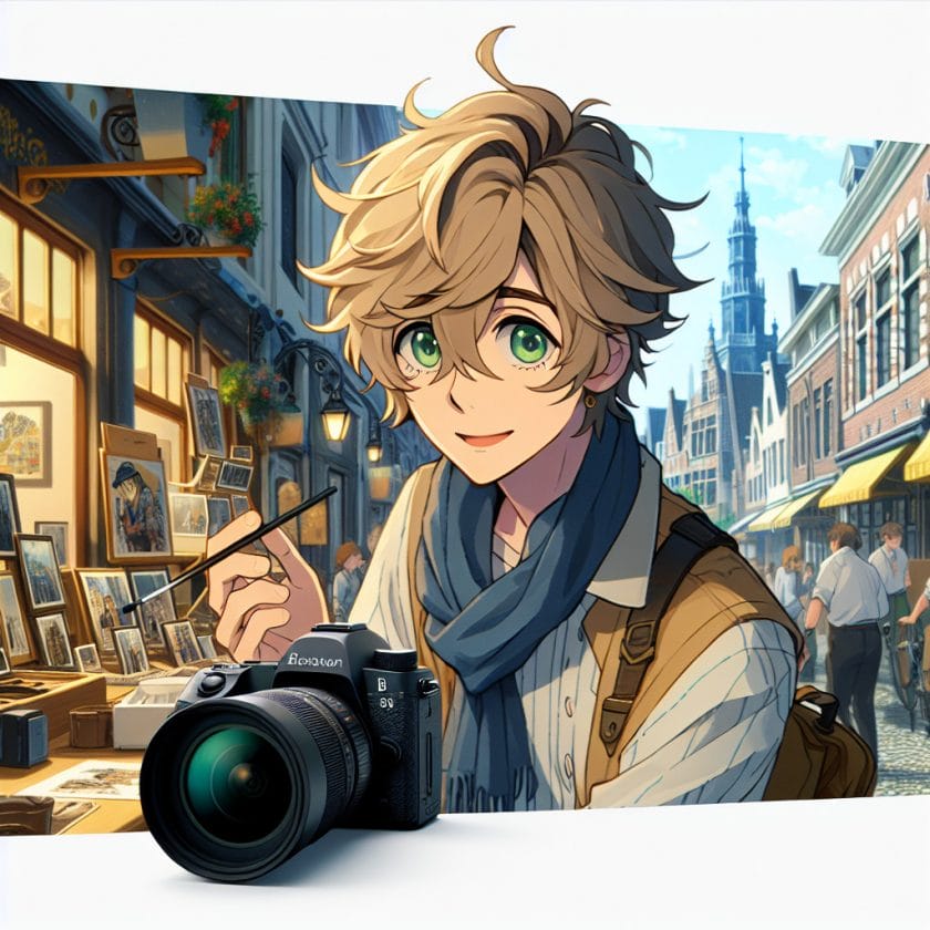 imagine in anime seraph of the end like look showing an anime boy with messy blond hair and green eyes working in maastricht messe fotografen filmemacher agentur Maastricht Messe Fotografen- & Filmemacher-Agentur