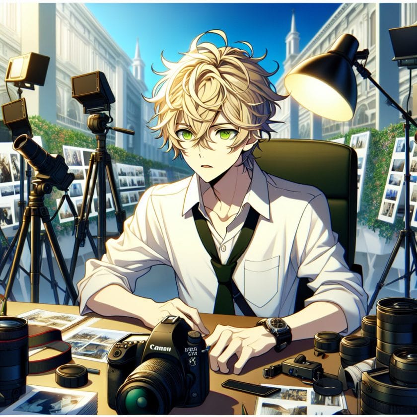 imagine in anime seraph of the end like look showing an anime boy with messy blond hair and green eyes working in mailand expo fotografen filmemacher agentur Mailand Expo Fotografen & Filmemacher Agentur