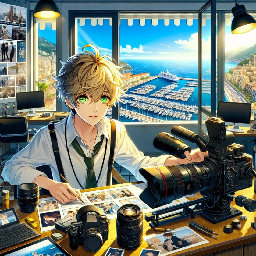 imagine in anime seraph of the end like look showing an anime boy with messy blond hair and green eyes working in monaco expo fotografen filmemacher agentur Monaco Expo Fotografen- & Filmemacher-Agentur