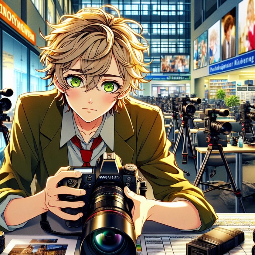 imagine in anime seraph of the end like look showing an anime boy with messy blond hair and green eyes working in muenchen messe fotografen filmemacher agentur München Messe Fotografen- & Filmemacher-Agentur