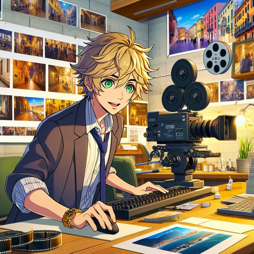 imagine in anime seraph of the end like look showing an anime boy with messy blond hair and green eyes working in neapel expo fotografen filmemacheragentur Neapel Expo Fotografen- & Filmemacheragentur