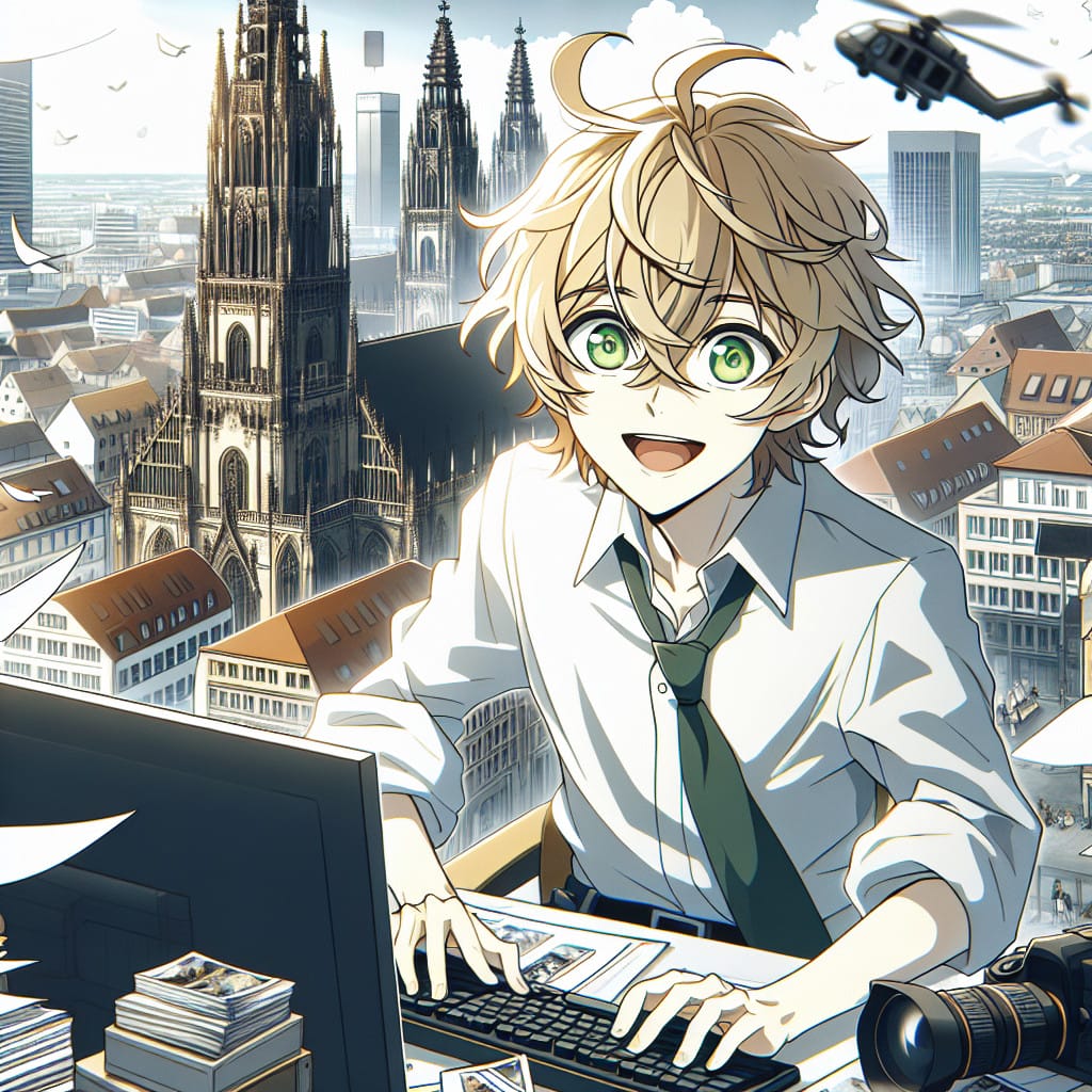 imagine in anime seraph of the end like look showing an anime boy with messy blond hair and green eyes working in nuernberg messe fotografen filmemacher agentur Nürnberg Messe Fotografen- & Filmemacher-Agentur